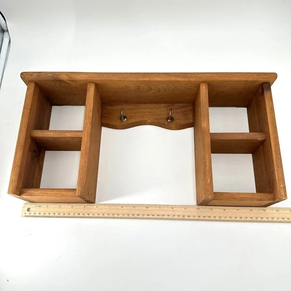VTG Handmade Rustic Wooden Wall Shelf with 4 Cubbies and 2 Brass Key Hooks Brown - Picture 8 of 10